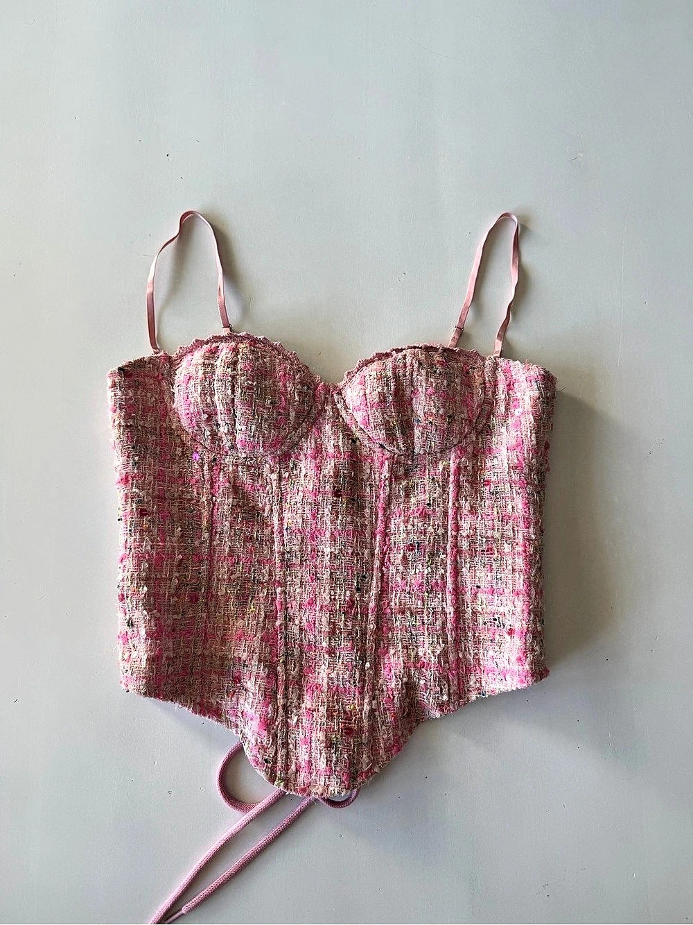 Hazel Boutique NWT Tweed Pink Lace-Up Corset Top